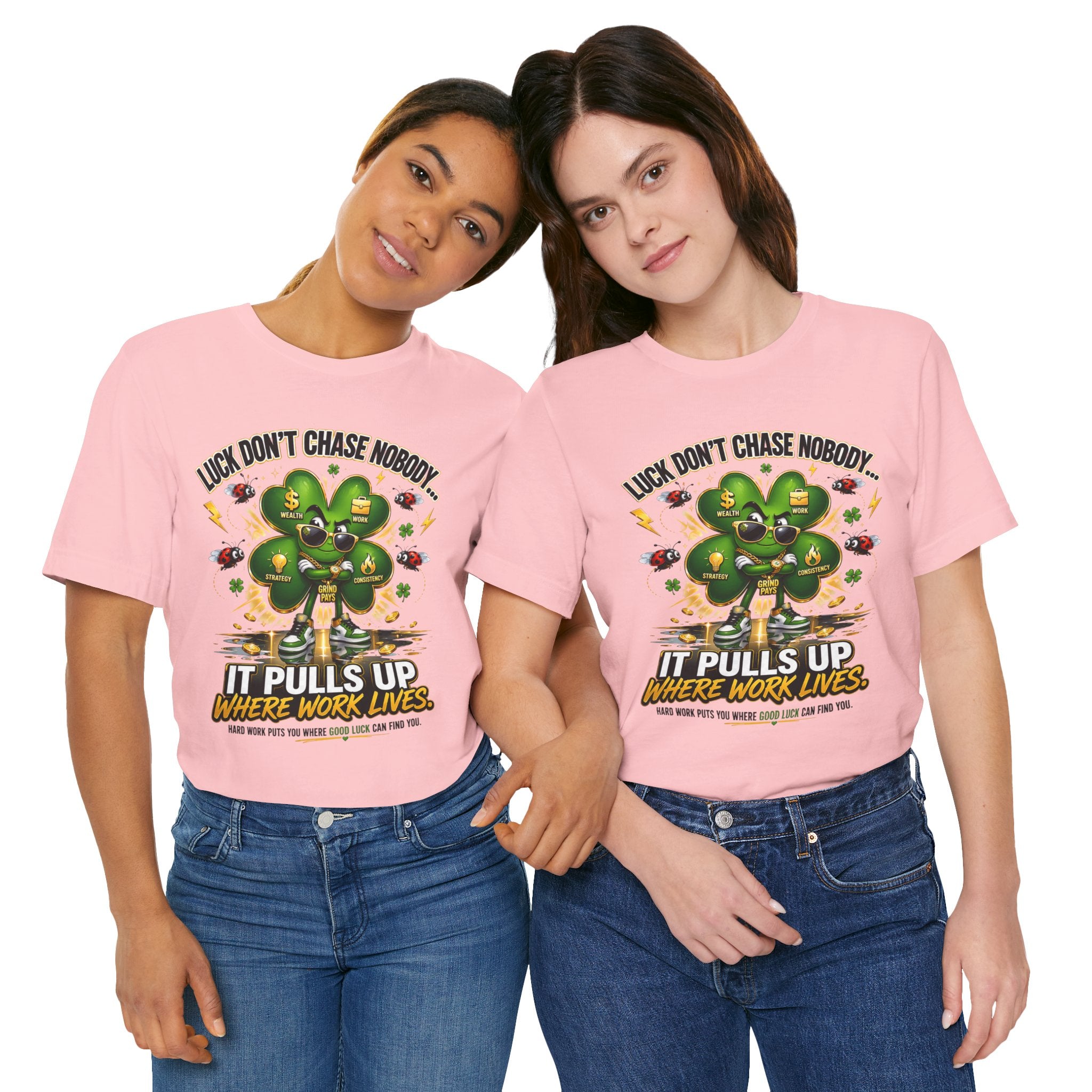 TimeWarp Drip Two women rock bold black Printify “Luck Don’t Chase Nobody” tees—4-leaf clover streetwear, dripping in cool, side by side. streetwear apparel