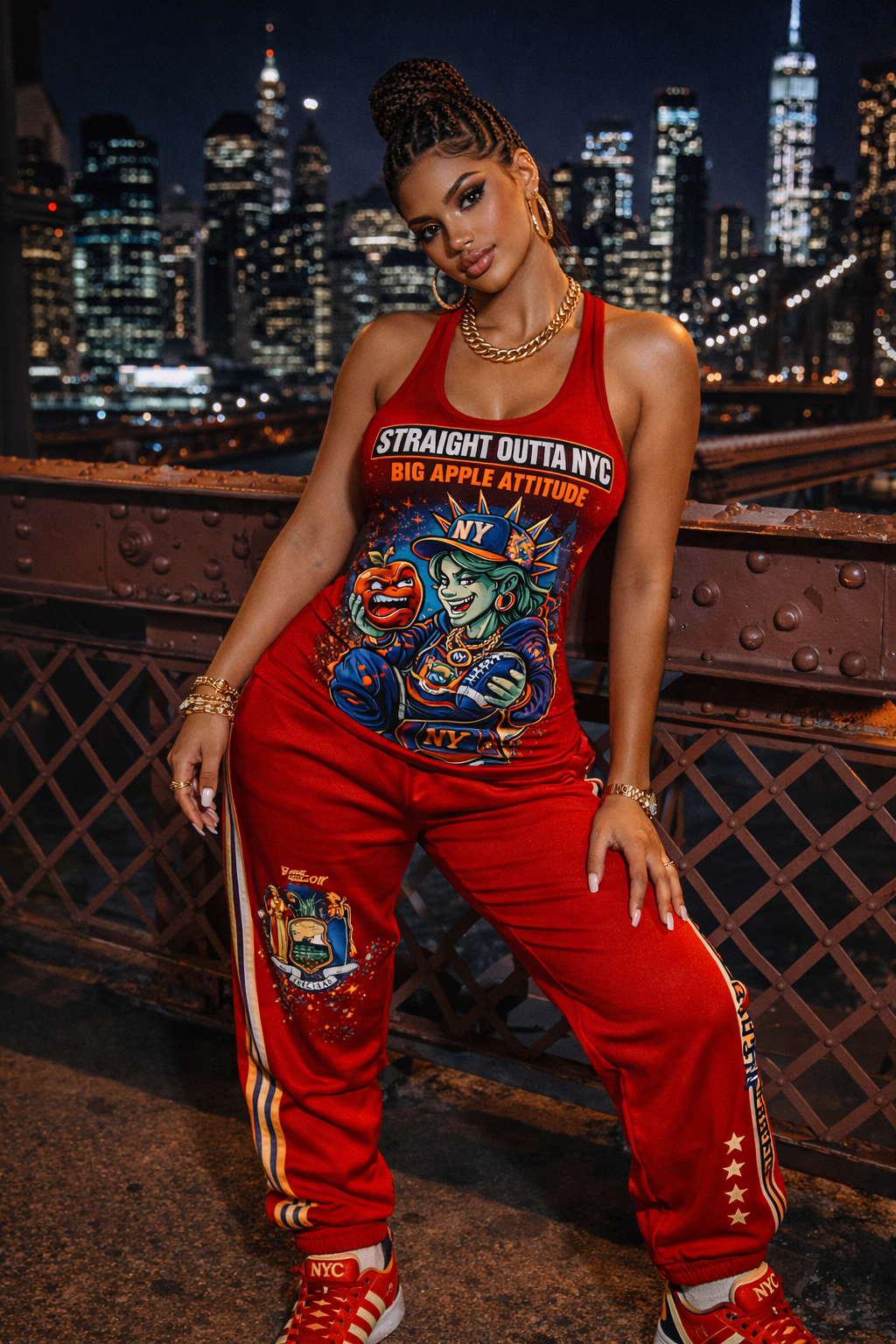 White straight outta NYC tank top featuring a retro cartoon Statue of Liberty graphic by TimeWarp Drip.