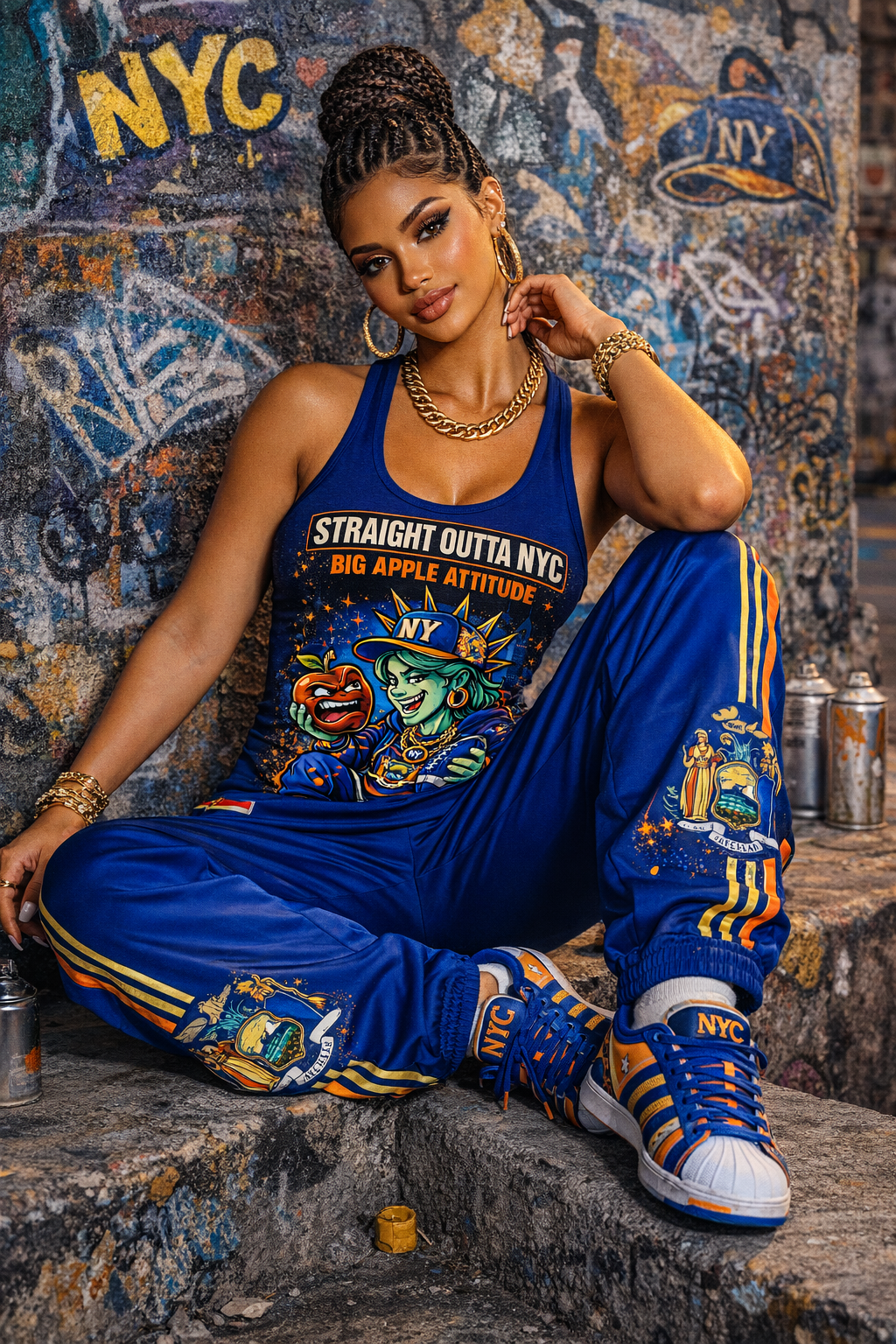 Straight Outta NYC tank top with a retro cartoon Statue of Liberty graphic, featuring bold colors and classic New York City style.
