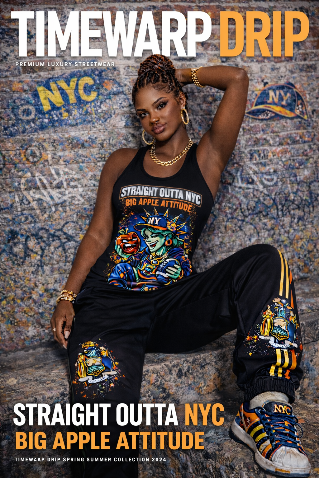 Straight Outta NYC tank top with retro cartoon Statue of Liberty graphic, casual sleeveless top by TimeWarp Drip.
