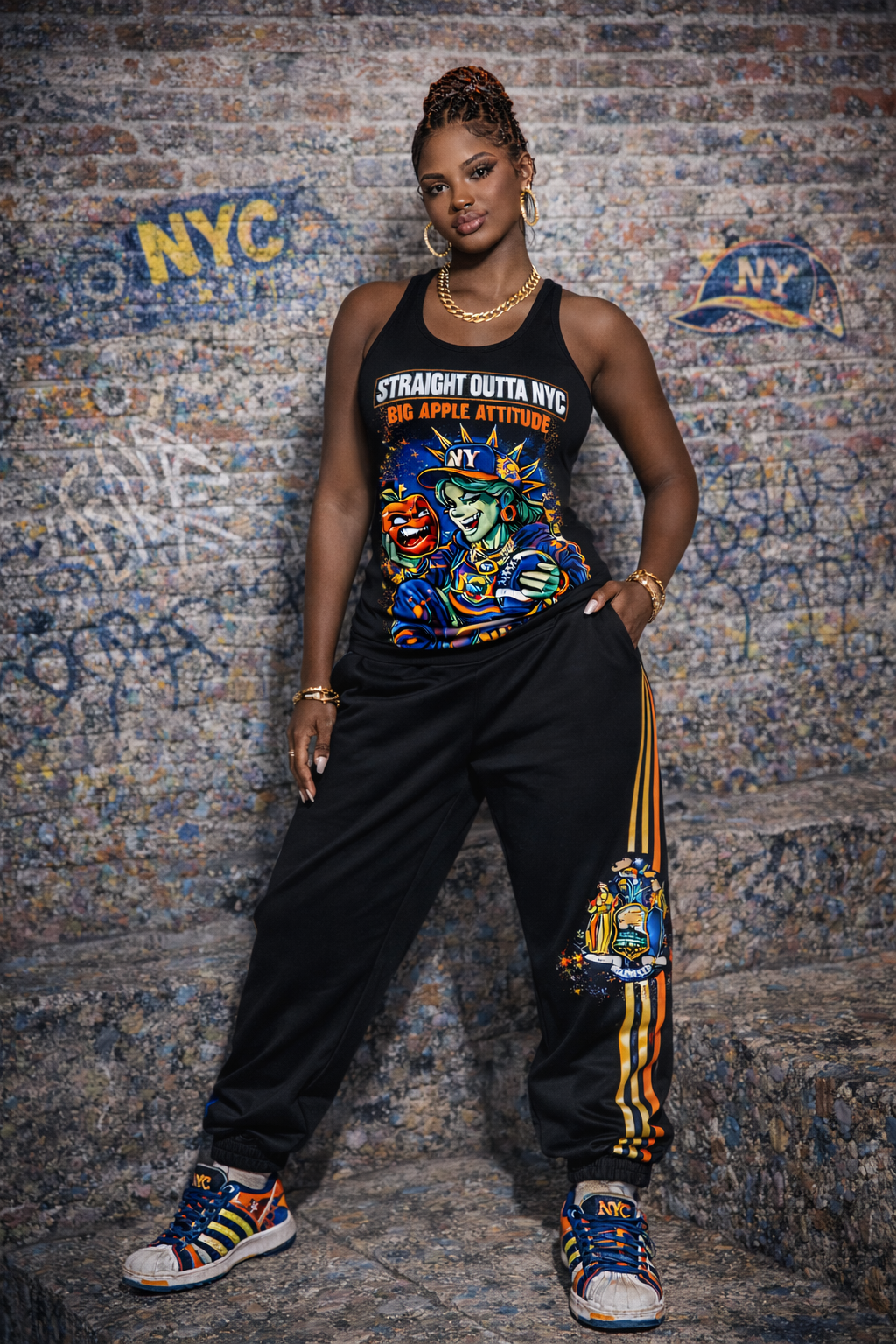 Pink tank top with retro cartoon Statue of Liberty graphic, featuring "Straight Outta NYC" text, by TimeWarp Drip.