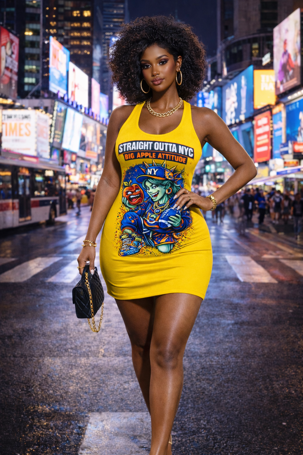Yellow racerback dress with NYC-themed all-over print featuring the "Big Apple Attitude" design by TimeWarp Drip.
