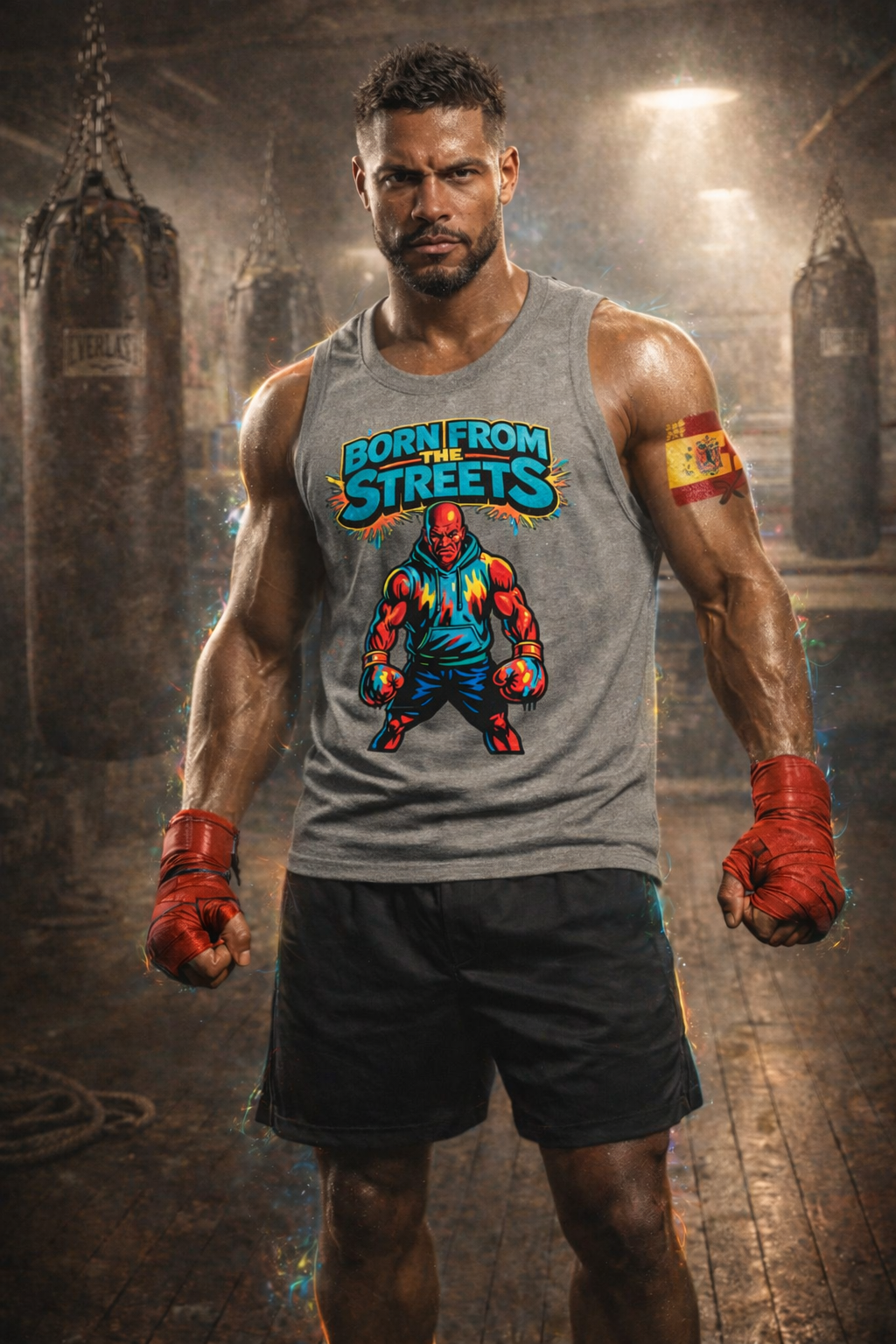Gray Born From The Streets graphic jersey with all-over print design, showcasing bold street-inspired artwork by Printify.