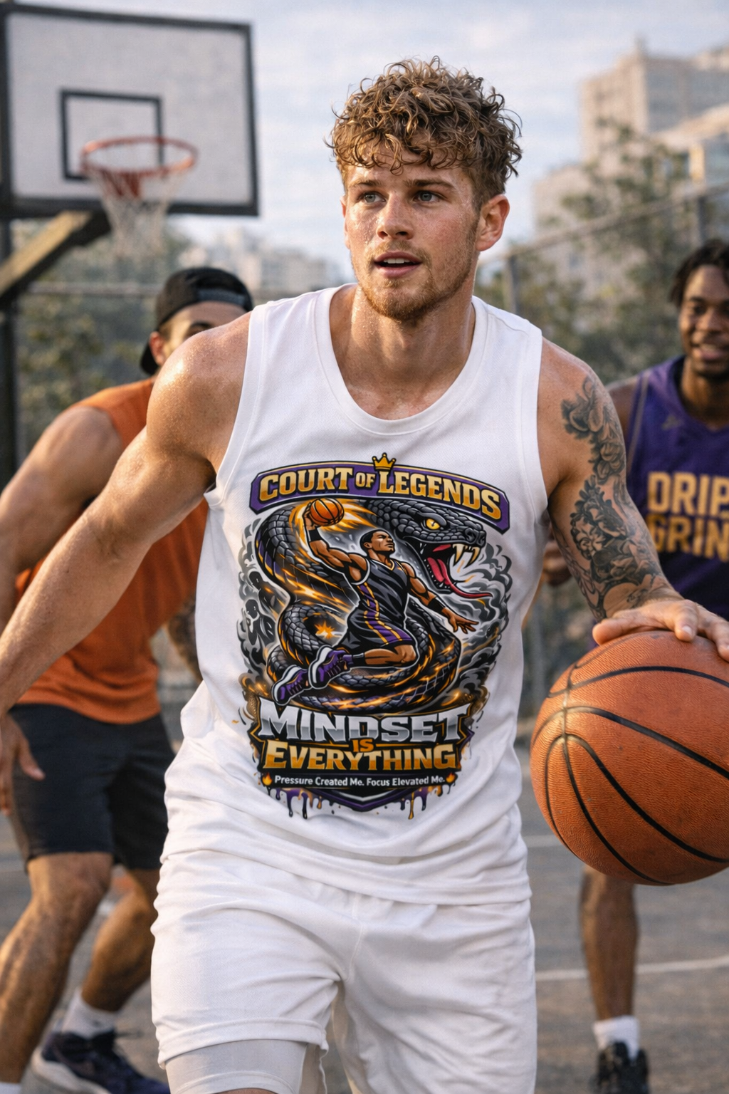A young man with curly hair and a tattoo wears a white Court of Legends Basketball Jersey while dribbling a basketball on an outdoor court, with other players visible in the background.