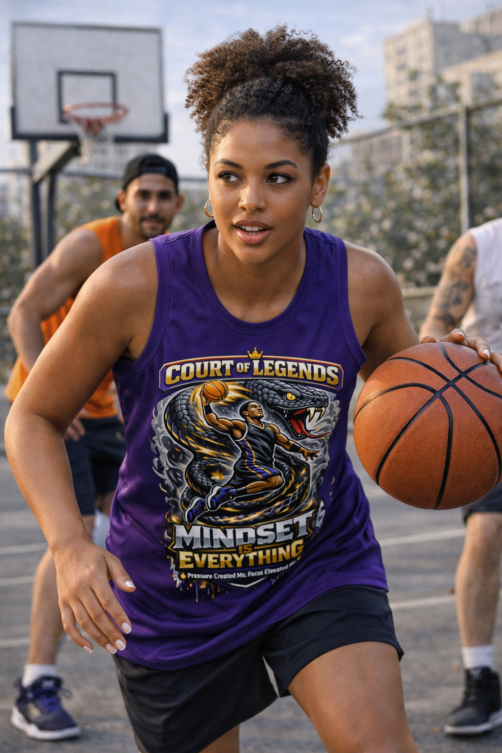 A woman dribbles a basketball on an outdoor court, wearing a purple Court of Legends - (Purple) Basketball Jersey by TimeWarp Drip; two players and a hoop are seen in the background.