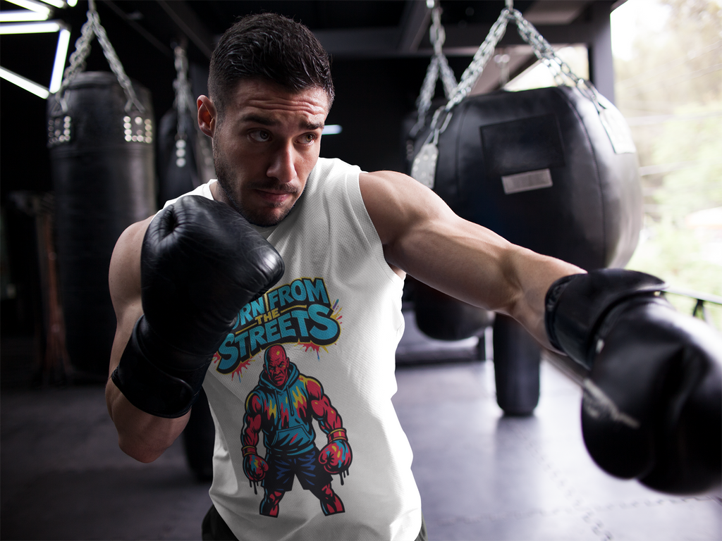 White Born From The Streets graphic jersey with all-over print featuring bold street-inspired artwork and vibrant design elements.