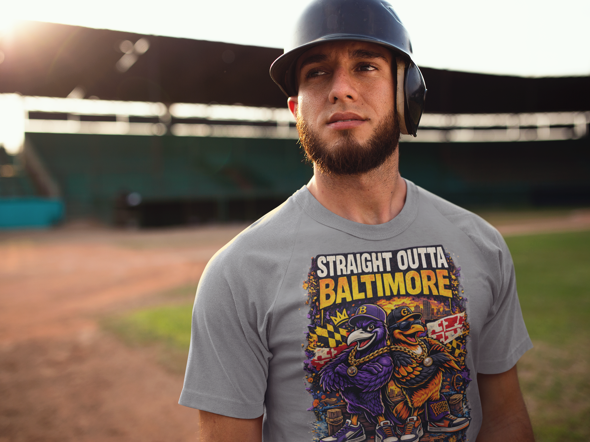 TimeWarp Drip Ballpark flex! Guy in helmet rocks bold black TimeWarp Drip “Straight Outta Baltimore” streetwear tee with flying bird graphics. streetwear apparel