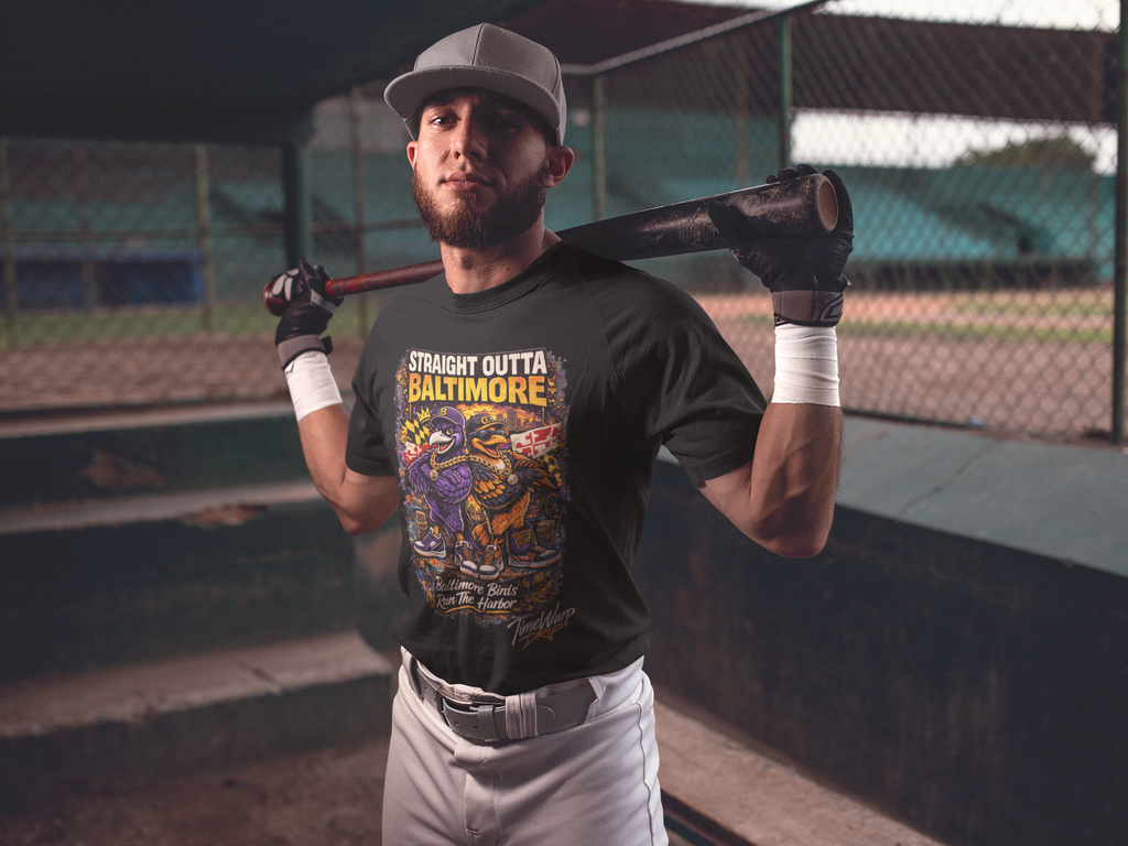 TimeWarp Drip Baseball player flexes in a black TimeWarp Drip Straight Outta Baltimore graphic tee—streetwear vibes on the diamond, pure drip. streetwear apparel