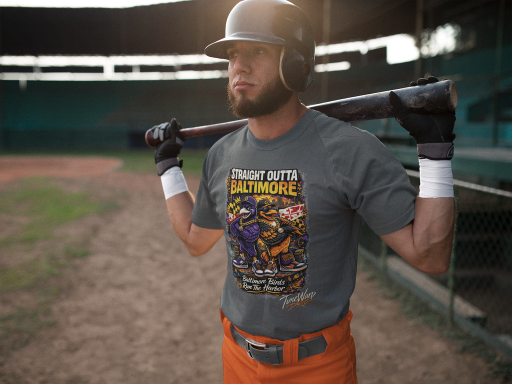 TimeWarp Drip Athlete rocks a black TimeWarp Drip Straight Outta Baltimore tee—bold streetwear vibes, bat slung on shoulders, fan drip unstoppable. streetwear apparel