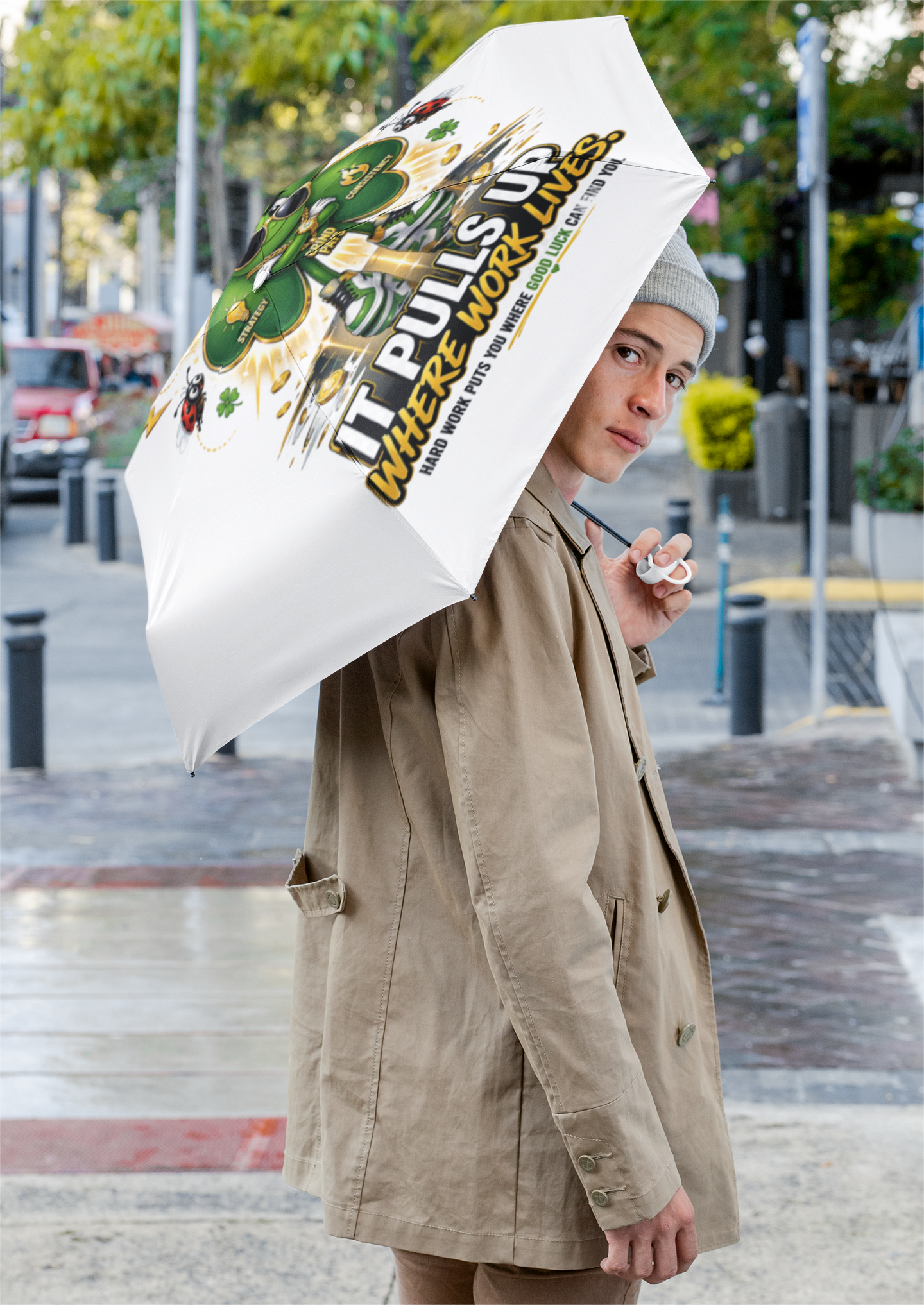 TimeWarp Drip Strut the street in tan with a Printify foldable white umbrella—Lucky Clover green pops drip bold sidewalk energy!. streetwear apparel