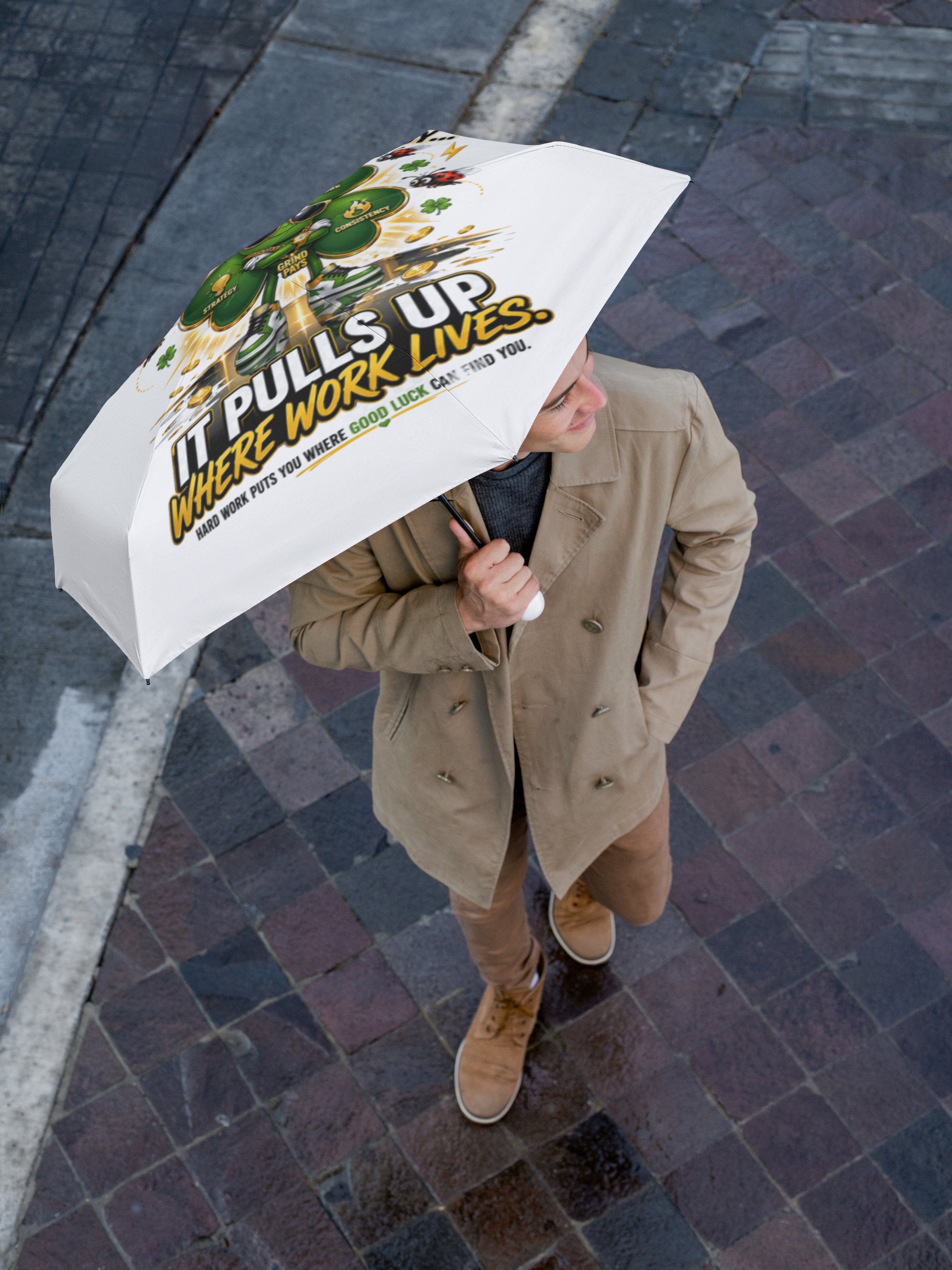 TimeWarp Drip Tan-coat trendsetter flexes a Printify white foldable umbrella, Lucky Clover “Pulls Up Lives,” on bold brick vibes. streetwear apparel