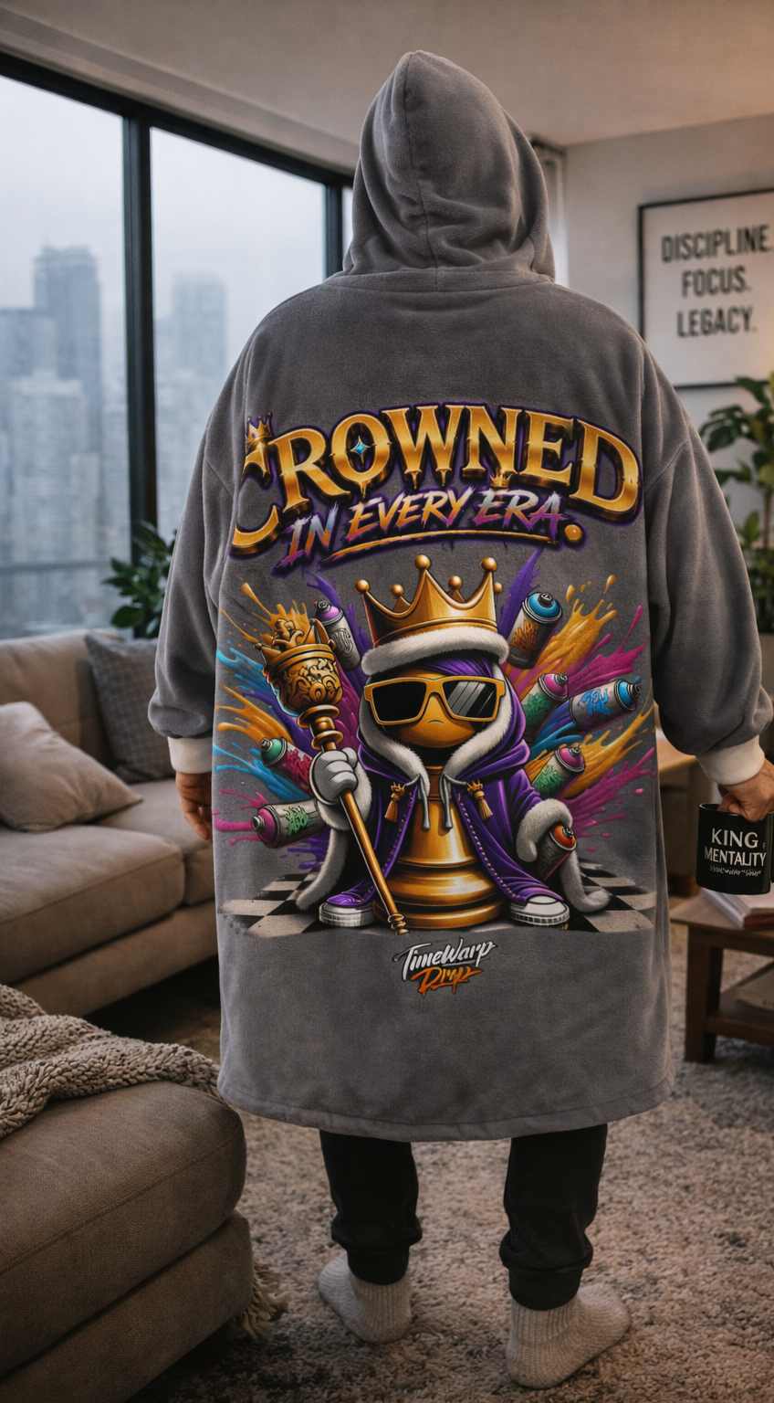 TimeWarp Drip Model rocking the black "Crowned in Every Era" chess graphic hooded blanket—bold streetwear statement by Printify. streetwear apparel