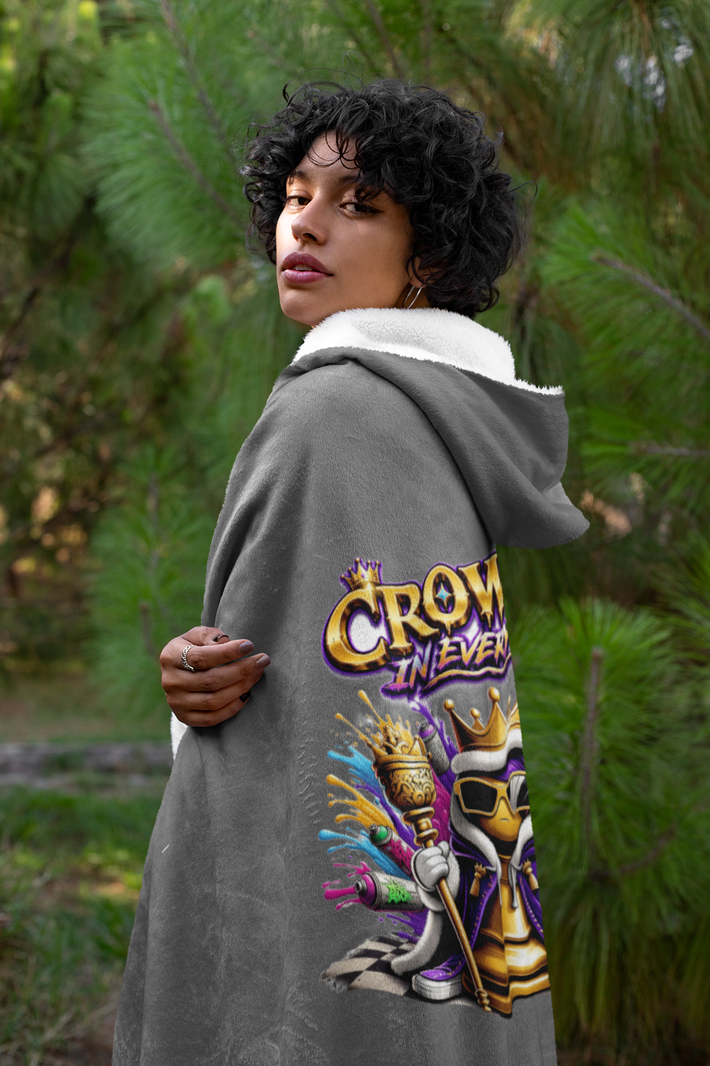 TimeWarp Drip Strut the streets in the "Crowned in Every Era" gray hooded blanket—chess king drip, Printify style, one size flex outdoors. streetwear apparel