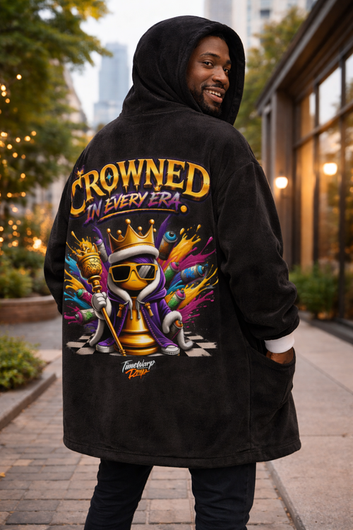 TimeWarp Drip Strut the streets in a black TimeWarp Drip "Crowned in Every Era" chess king graphic hooded blanket—bold royal drip, street style. streetwear apparel