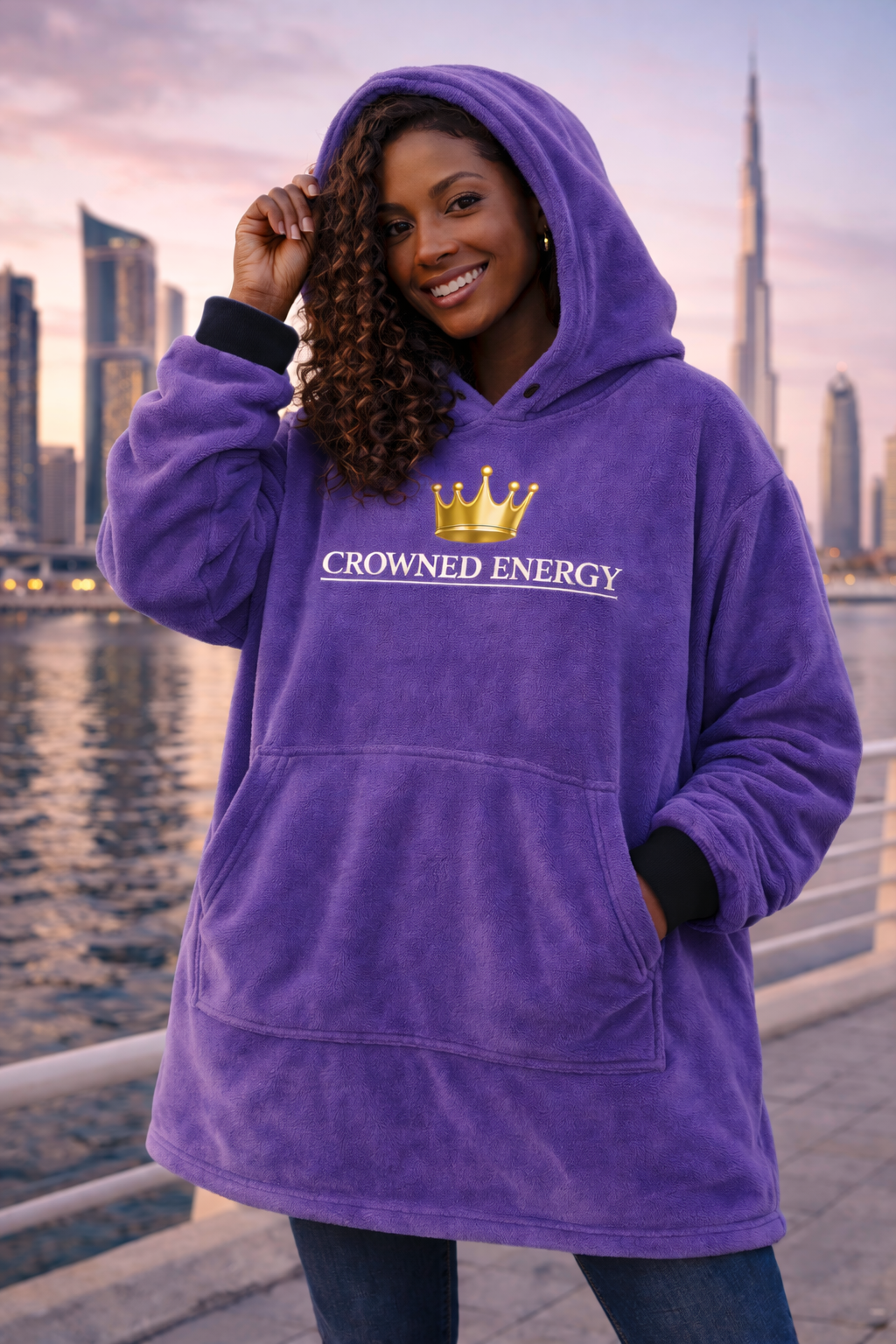 TimeWarp Drip Boss moves at the shore: woman rocks Printify’s bold purple chess graphic hooded blanket, “Crowned in Every Era” streetwear style. streetwear apparel