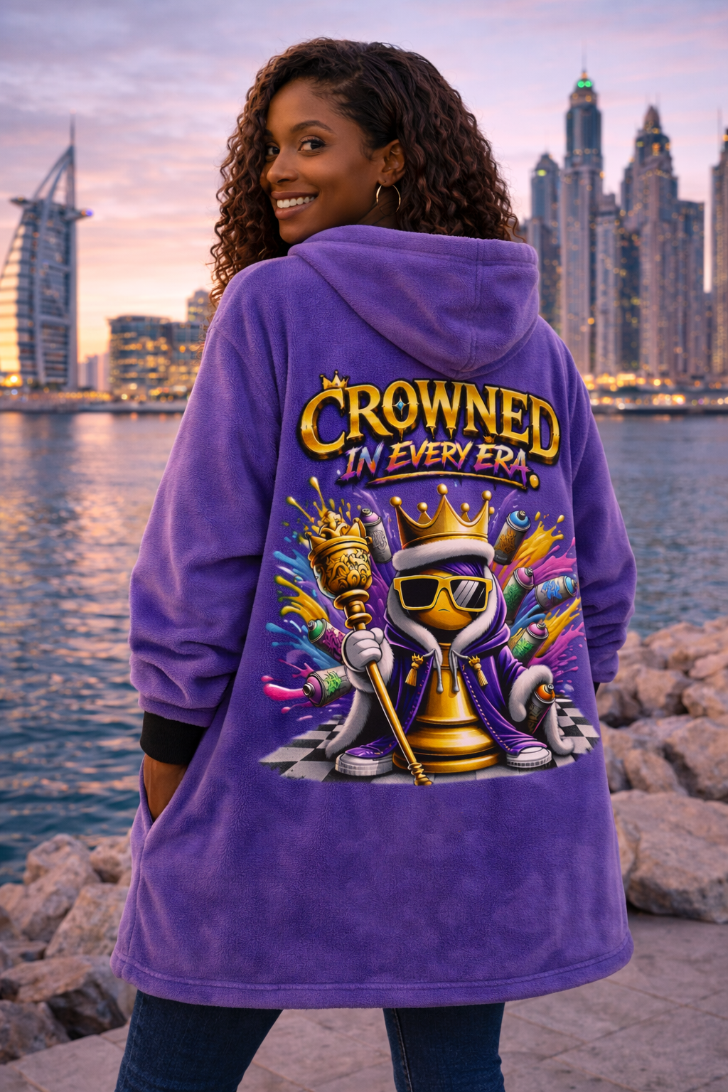TimeWarp Drip Queen vibes in a bold purple "Crowned in Every Era" hooded blanket by Printify, drippin’ at sunset by the city skyline. streetwear apparel