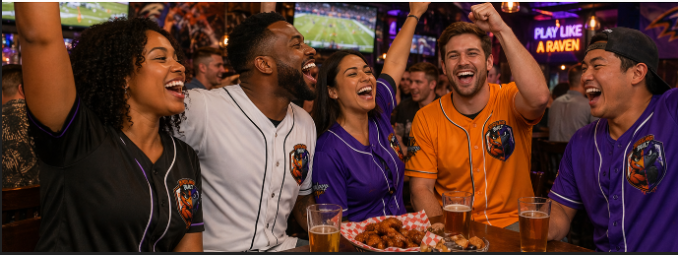 TimeWarp Drip Squad flexes in white Baltimore Charm City Built baseball jerseys, hyped at the bar, football game blazing on TV. 