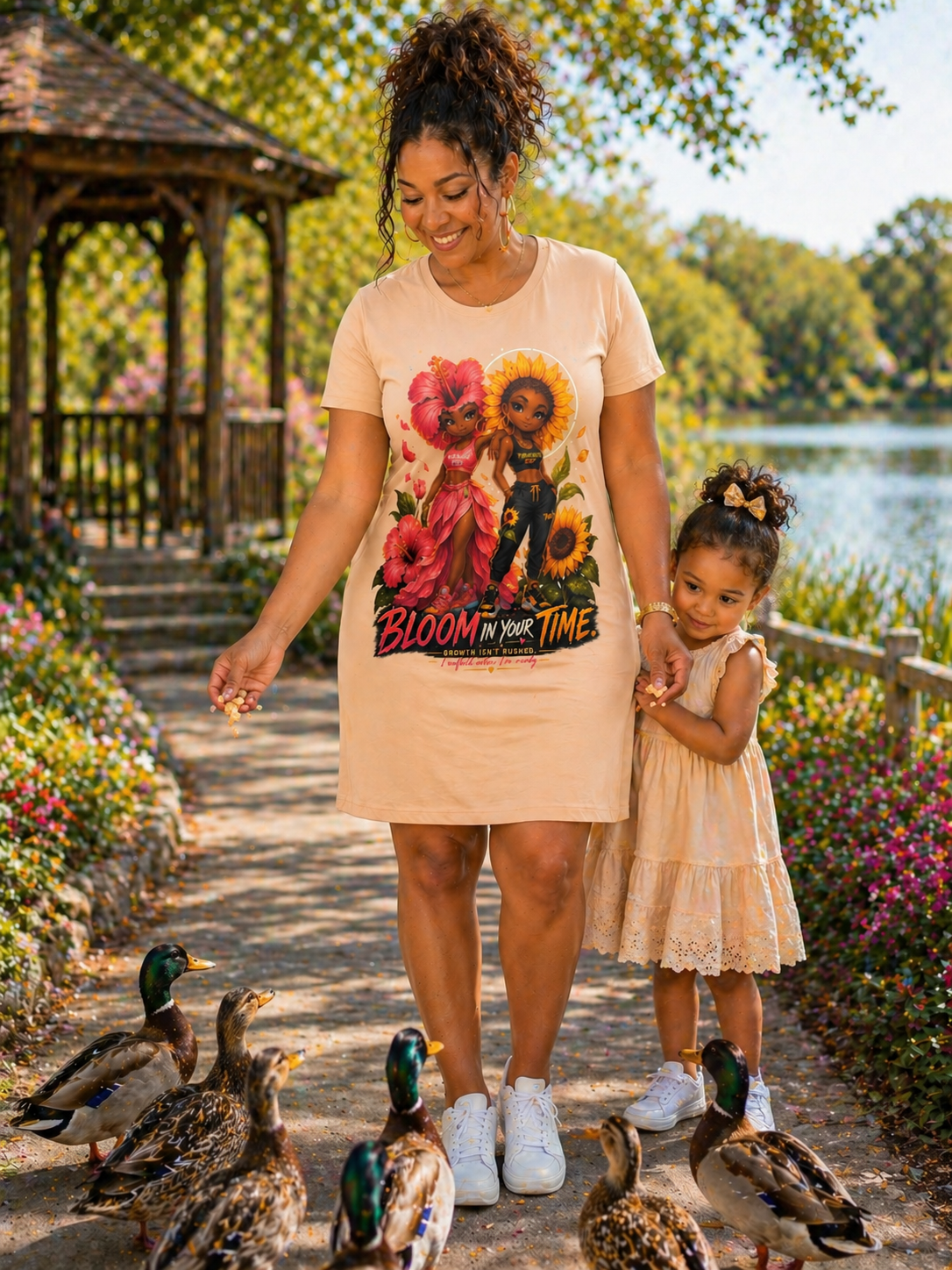 TimeWarp Drip Strut in a bold yellow Sunflower T-Shirt Dress by TimeWarp Drip—mom and mini dropping street style while feeding ducks in the sun. streetwear apparel