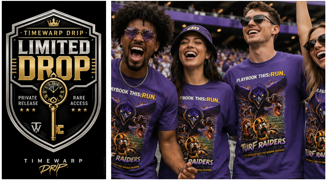 TimeWarp Drip Limited Drop alert! Four friends flex bold purple TimeWarp Drip Turf Raiders streetwear jerseys, owning the outdoor scene. streetwear apparel