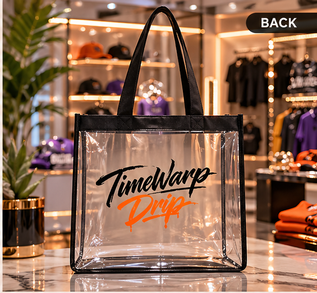 TimeWarp Drip clear Charm City Built stadium tote—see-thru, streetwise, and bold—slays in a chic shop among fresh fits. 