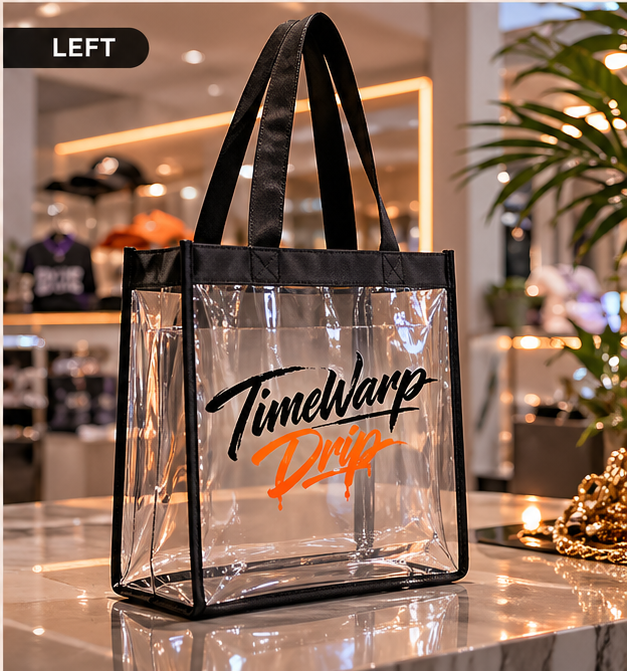 TimeWarp Drip Clear Printify stadium tote in bold, see-through style with "We Don't Do Visitors" pops in a chic streetwear boutique scene. streetwear apparel