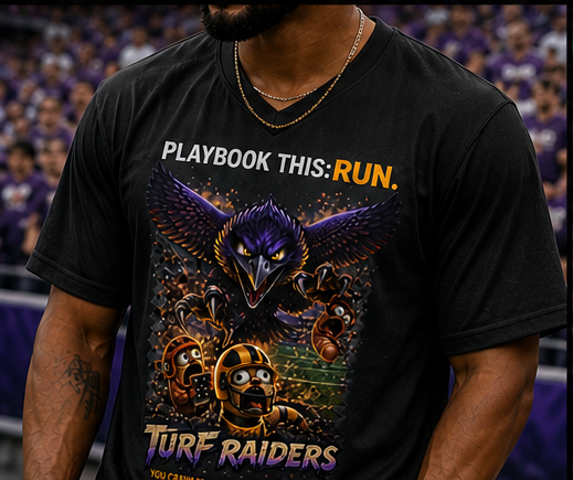 TimeWarp Drip Owning the stadium in a bold black Turf Raiders Jersey—fierce bird, wild chase, and "PLAYBOOK THIS: RUN" pops hard. streetwear apparel