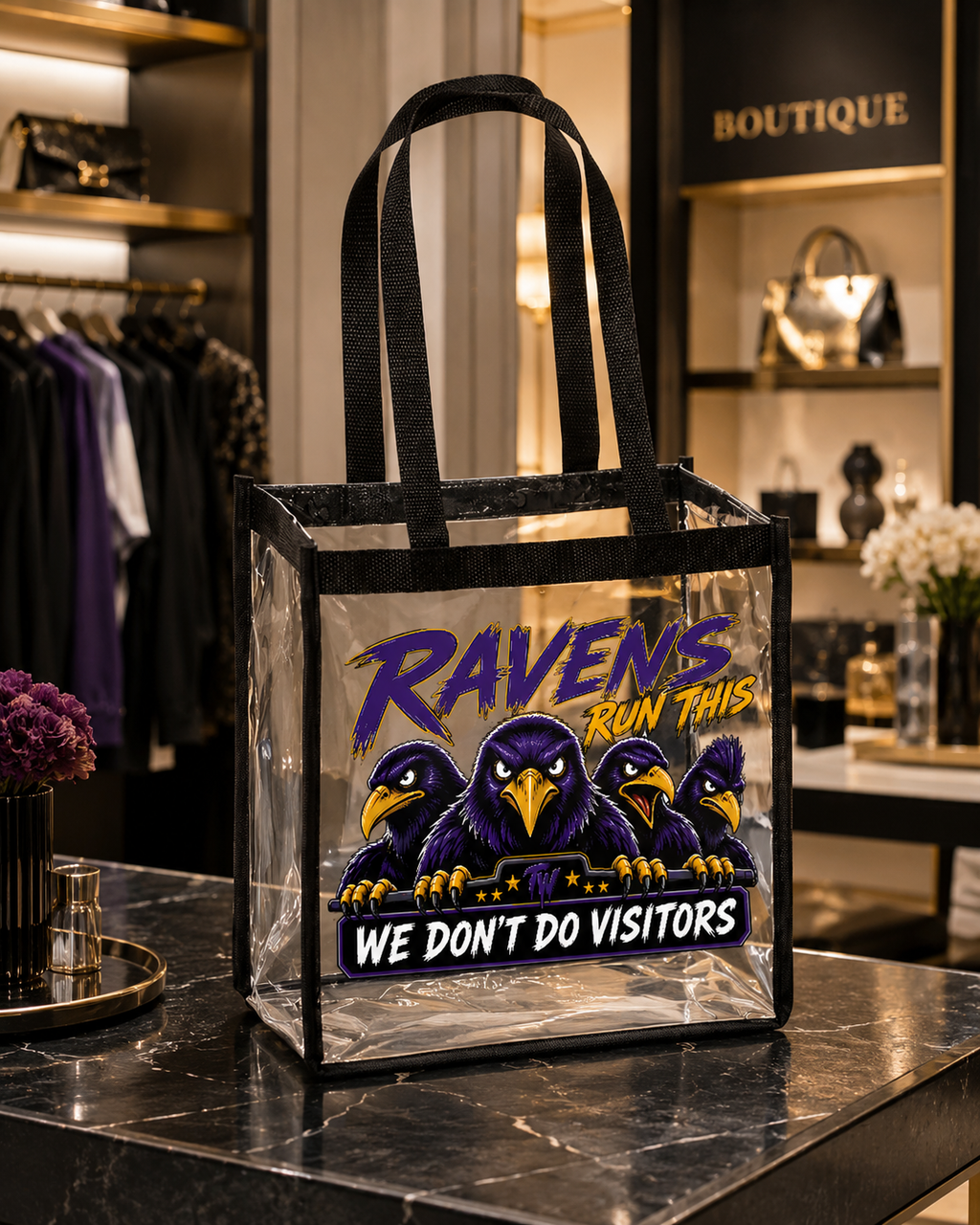 TimeWarp Drip Clear stadium tote bag in iced-out style, bold “We Don’t Do Visitors” print, cartoon ravens stacked boutique-drip. streetwear apparel