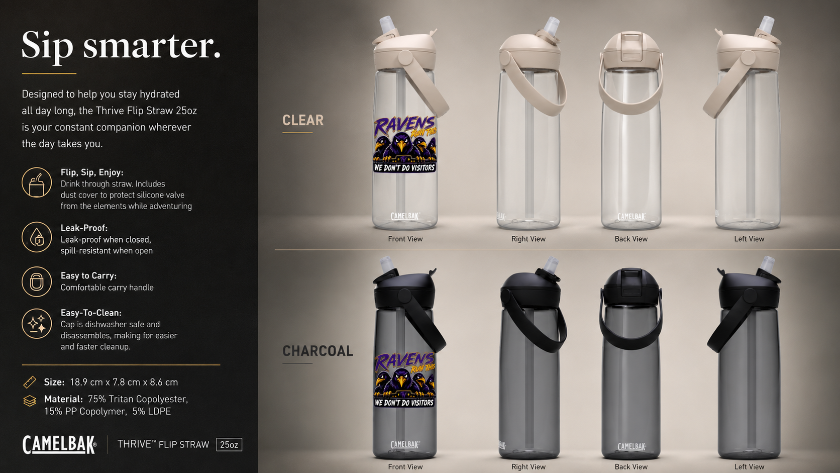 TimeWarp Drip Six 25oz Printify Home Flock Advantage bottles, clear/charcoal street-style, bold slogan—practice-ready hydration game strong. streetwear apparel