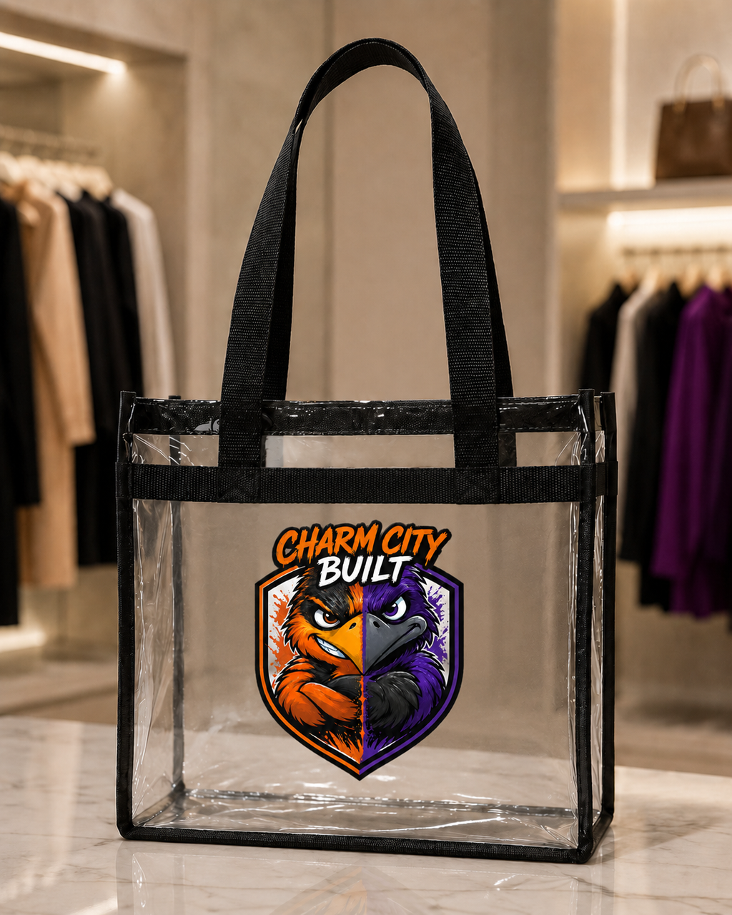TimeWarp Drip Clear stadium tote black handles, shield logo with twin fierce birds—urban drip meets bold Charm City style. 