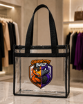 TimeWarp Drip Clear stadium tote black handles, shield logo with twin fierce birds—urban drip meets bold Charm City style. 
