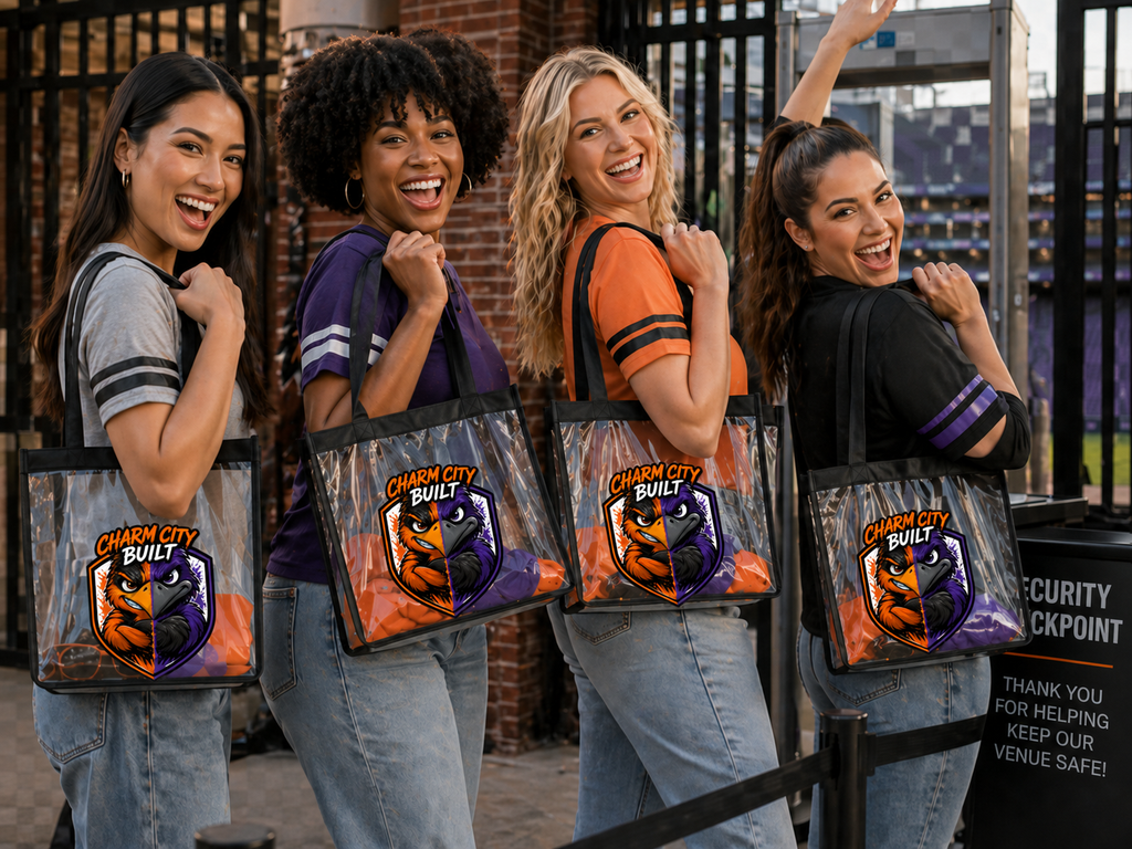 TimeWarp Drip Squad rocking Charm City Built clear stadium totes—transparent style, street-smart vibes, smiles at the gate!. 