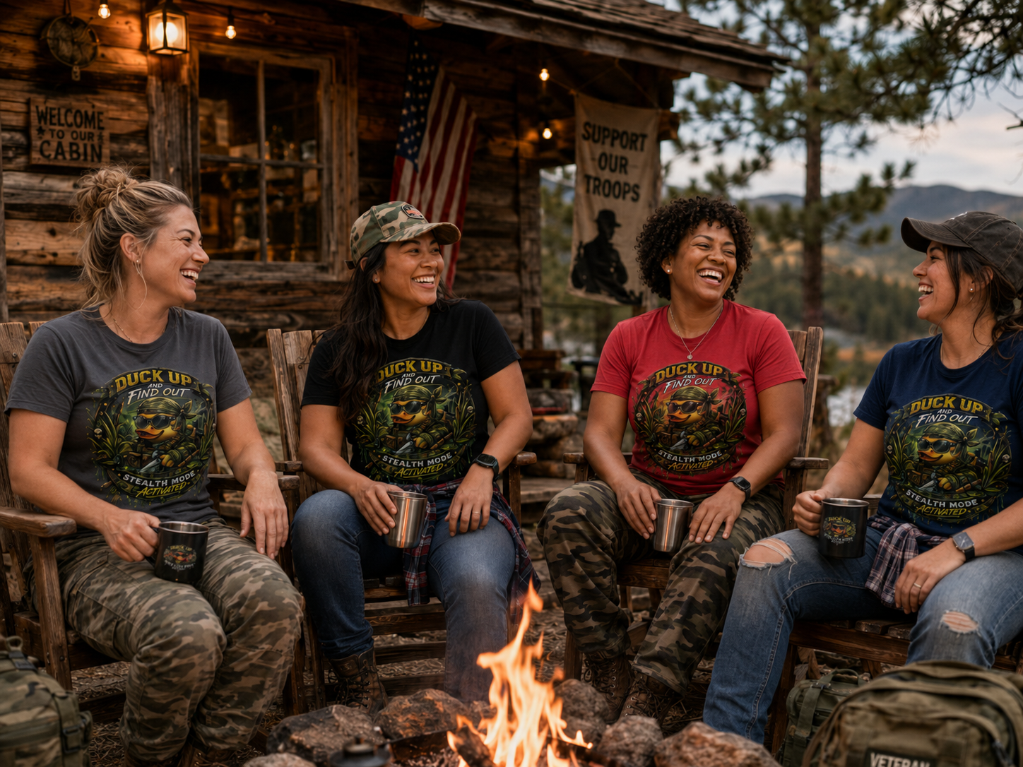 TimeWarp Drip Squad of four in XS camo “Duck Up Find Out” tees by TimeWarp Drip , flex by a cabin, repping streetwise veteran drip. Premium Urban Fashionapparel