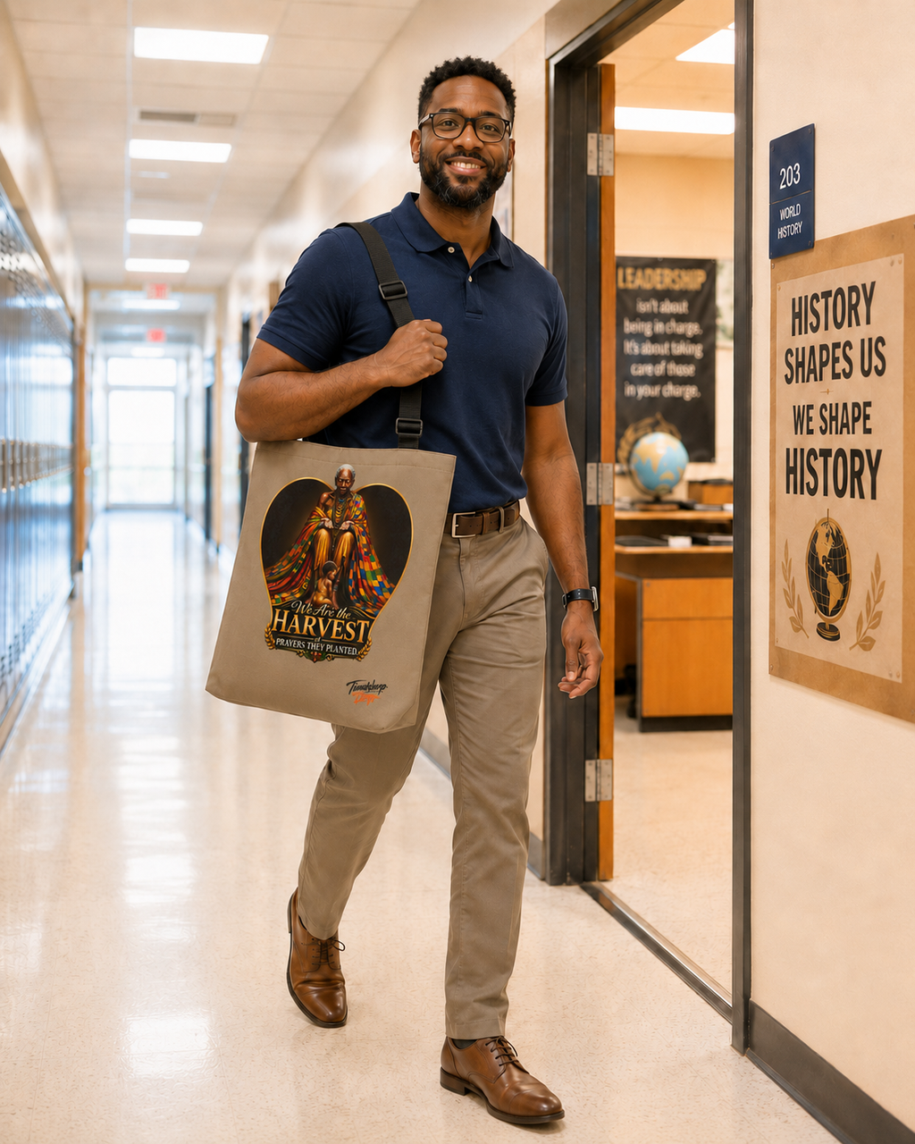 TimeWarp Drip – Black canvas tote with bold “We Are the Harvest” graphic, styled by confident man in glasses walking city-inspired hallway. | premium streetwear