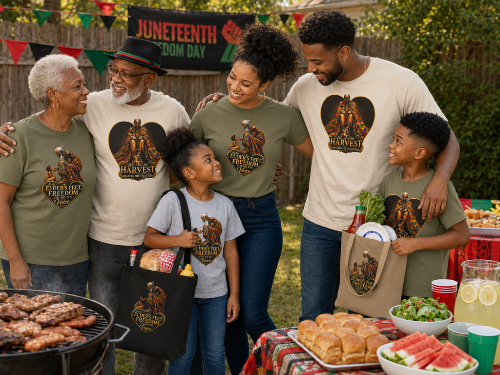 TimeWarp Drip – Black We Are the Harvest graphic tee pops against city picnic scene, bold street style energy and Juneteenth celebration vibes. | premium streetwear