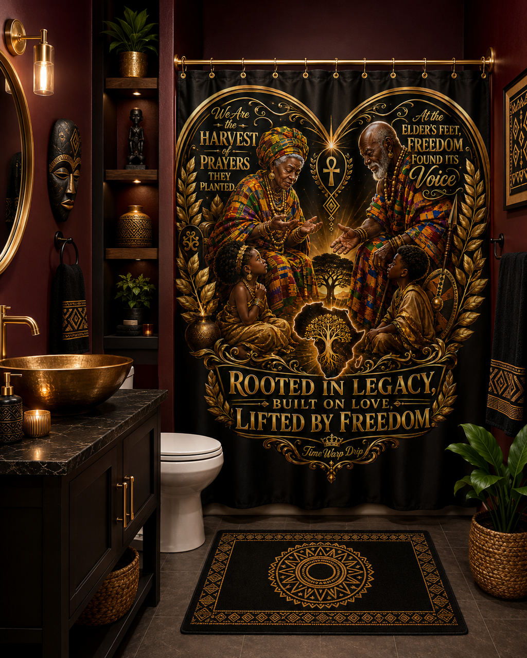TimeWarp Drip – Shower curtain in bold black with Afrocentric art and gold accents, elevating urban bathroom style with city-driven energy. | premium streetwear
