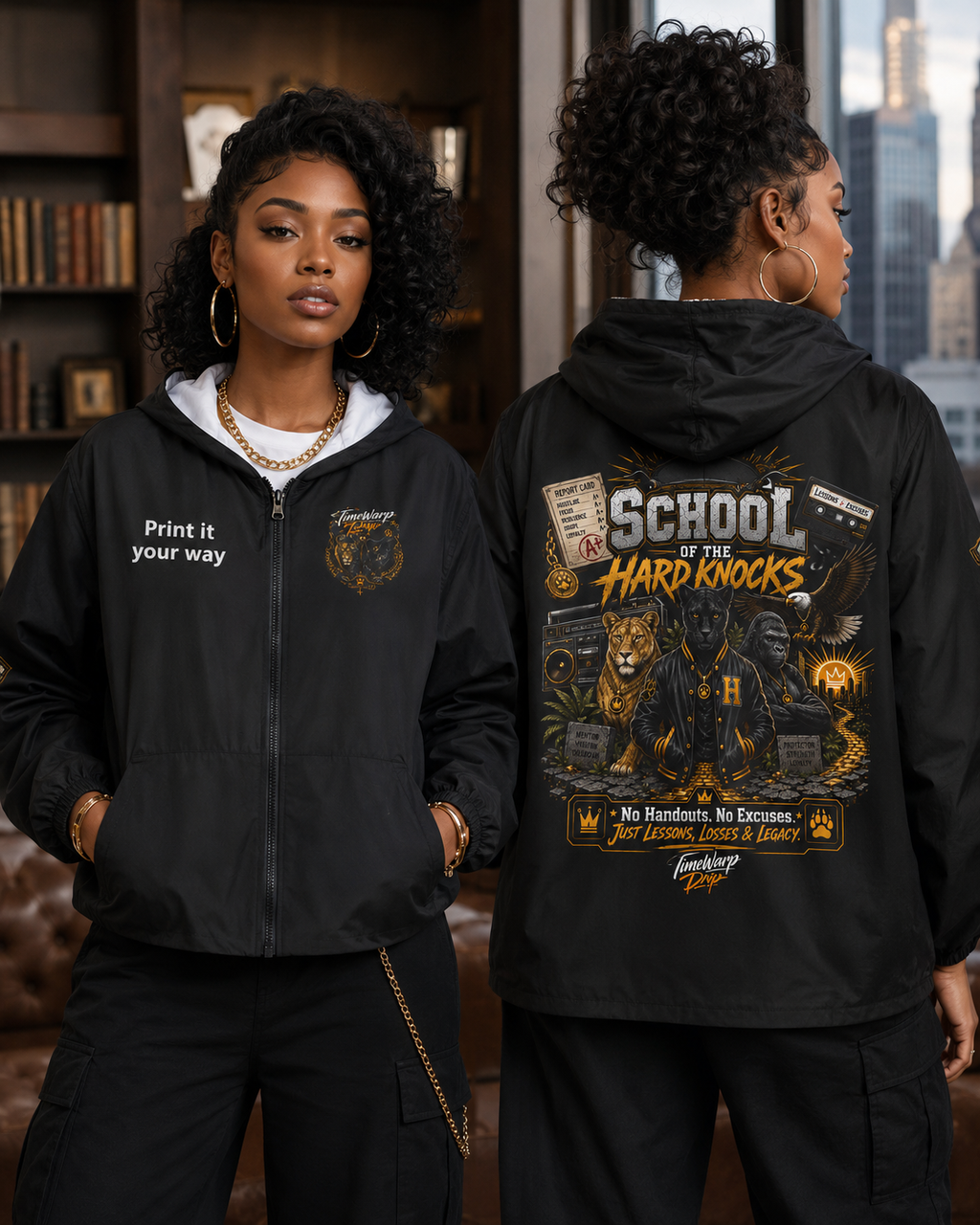 School of Hard Knocks Windbreaker Jacket — Retro Black Drip Zip-Up