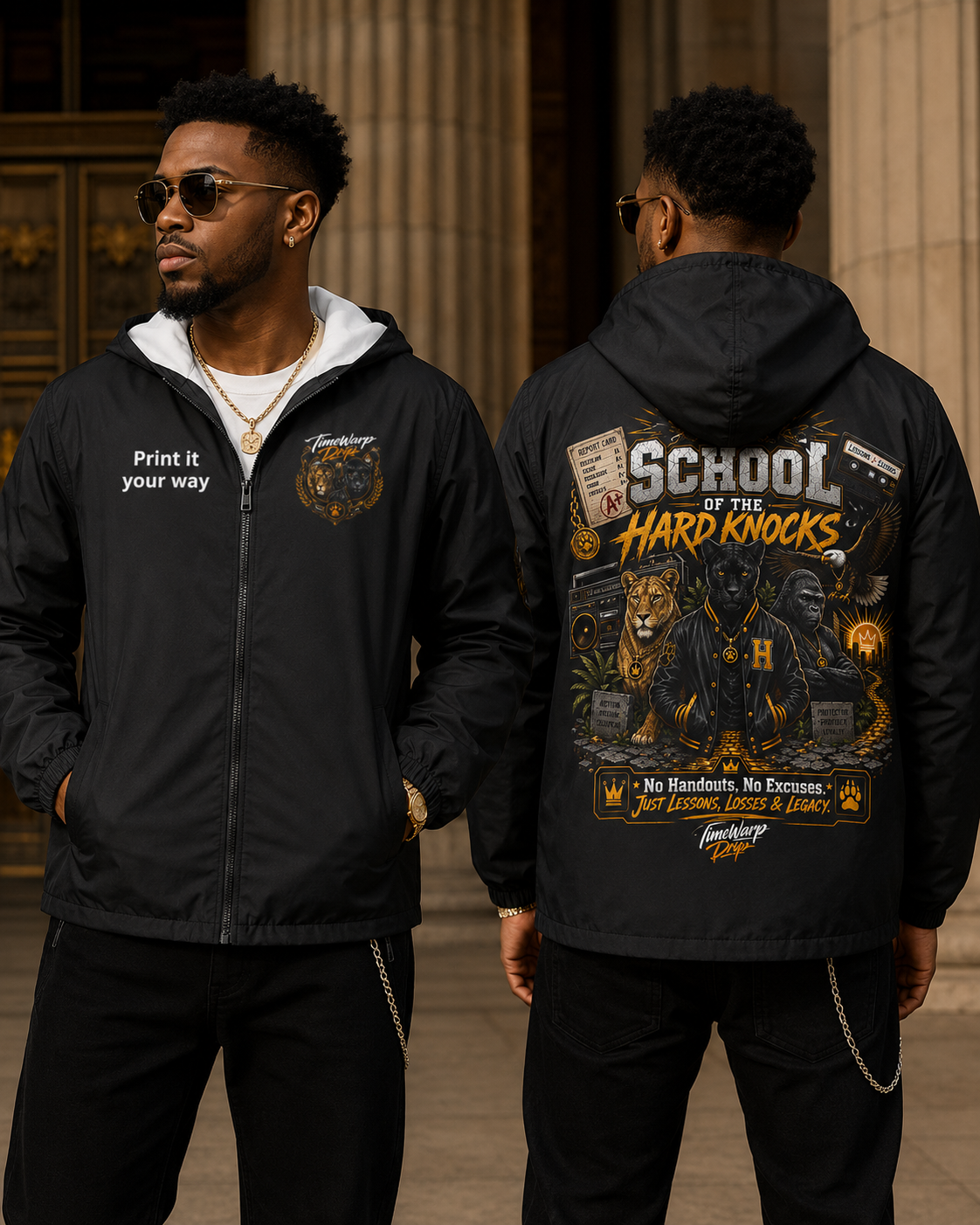 School of Hard Knocks Windbreaker Jacket — Retro Black Drip Zip-Up