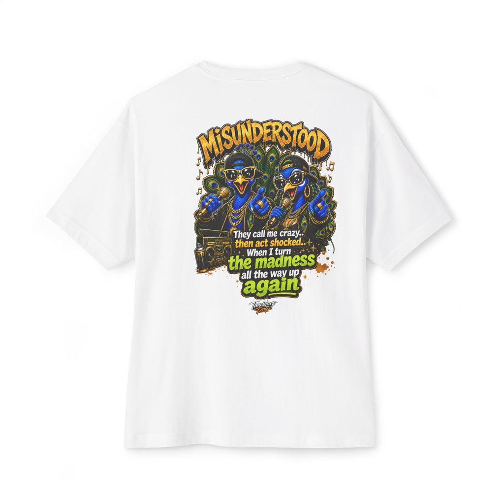 TimeWarp Drip – Boxy black tee with twin peacocks and striking hip-hop street art graphics, radiating upscale urban energy. | premium streetwear