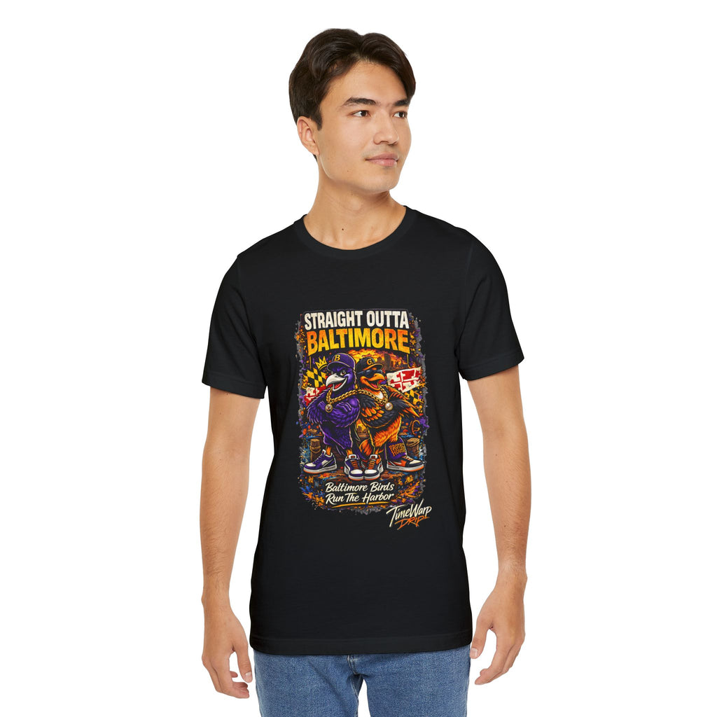 TimeWarp Drip Confident guy rocking a bold black TimeWarp Drip Straight Outta Baltimore fan tee with wild cartoon birds, street-style flex. streetwear apparel