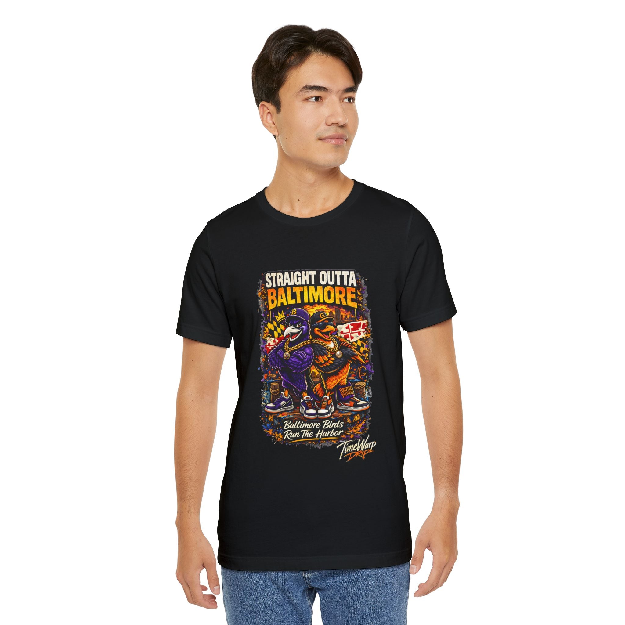 TimeWarp Drip Confident guy rocking a bold black TimeWarp Drip Straight Outta Baltimore fan tee with wild cartoon birds, street-style flex. streetwear apparel