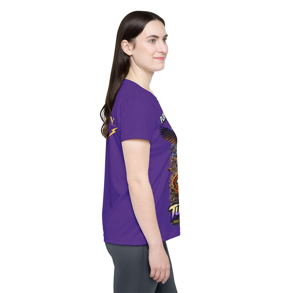 TimeWarp Drip Game on! Woman rocks TimeWarp Drip Turf Raiders purple women’s sports jersey—side-smile, white background, street-style elite energy. streetwear apparel