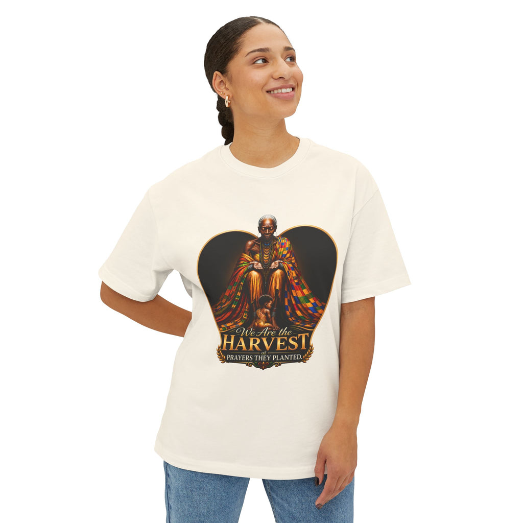 TimeWarp Drip – Oversized boxy black tee with bold "We Are the Harvest" graphic, embodying generational blessings and street heritage. | premium streetwear