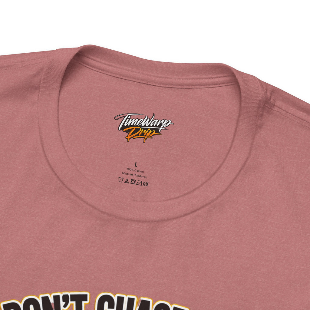 TimeWarp Drip Zoomed-in Lucky Clover "Pulls Up Lives" tee in crisp white—collar flex with TimeWarp Drip logo, care tips, and S-XL chart inside. streetwear apparel