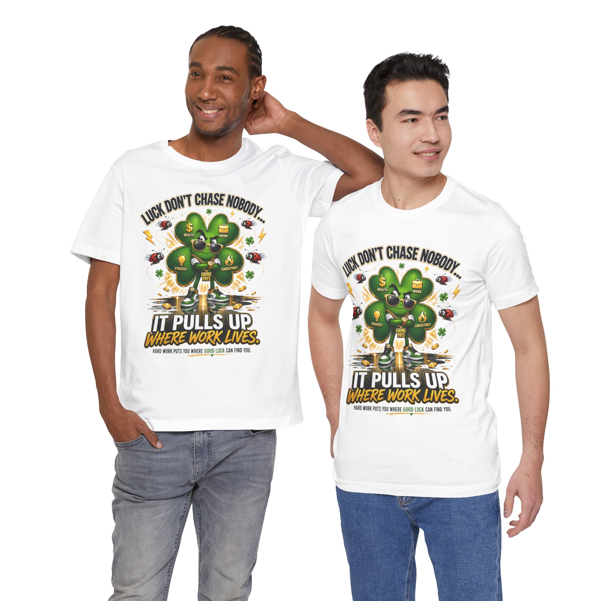 TimeWarp Drip Two men flex in black Printify "Luck Don't Chase Nobody" tees—4-leaf clover drip and street bold, where hustle meets luck. streetwear apparel