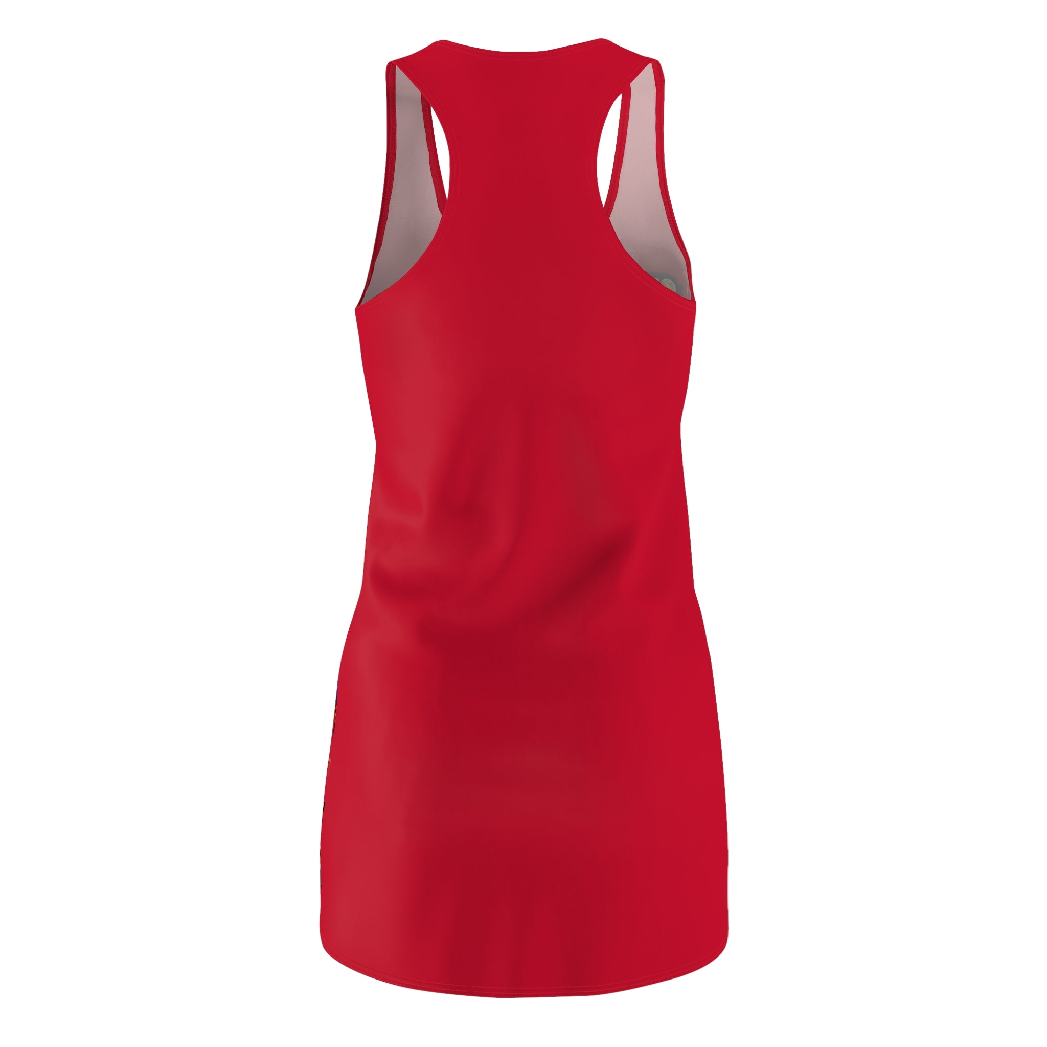 The Printify Red Racerback Dress - Straight Outta Baltimore - "Charm City Attitude" features a sleeveless racerback design, flared hem, and bold red color, shown from the back on a white background for an effortless statement look.
