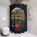 TimeWarp Drip Printify navy blue shower curtain drips with globe art and bold John 3:16—Christian streetwear for your bathroom vibe. streetwear apparel
