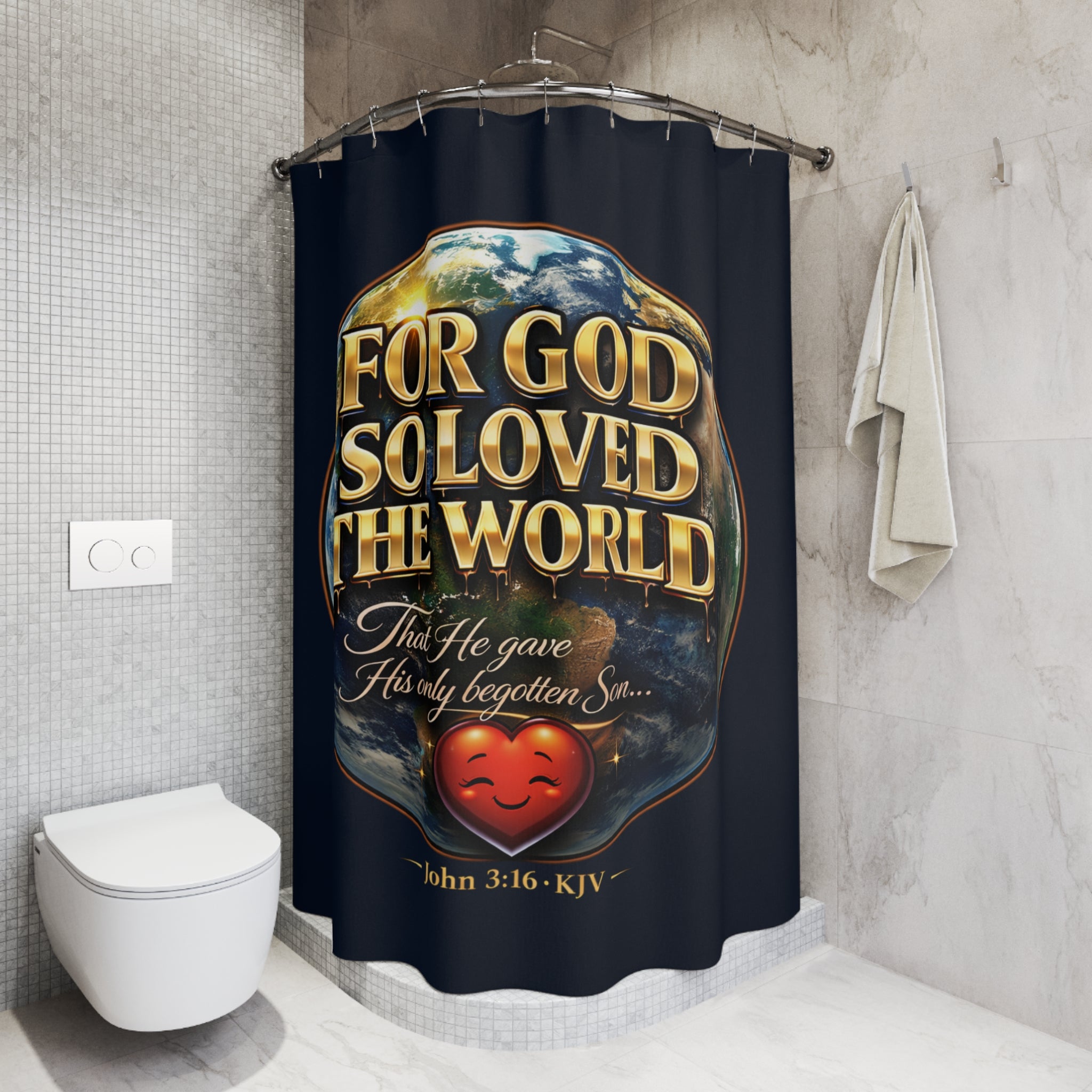 TimeWarp Drip Printify navy blue shower curtain drips with globe art and bold John 3:16—Christian streetwear for your bathroom vibe. streetwear apparel