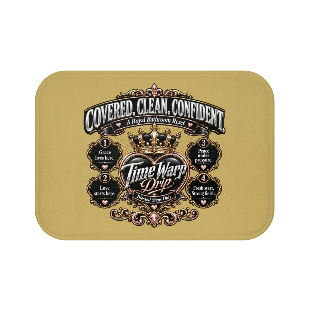 TimeWarp Drip Printify Covered. Clean. Confident Bath Mat—bold white, plush drip style with street-ready text; non-slip microfiber for bathroom swagger. streetwear apparel
