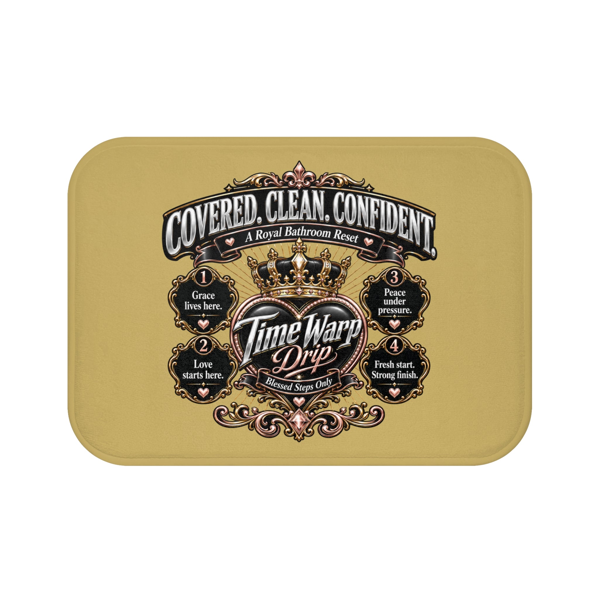 TimeWarp Drip Printify Covered. Clean. Confident Bath Mat—bold white, plush drip style with street-ready text; non-slip microfiber for bathroom swagger. streetwear apparel