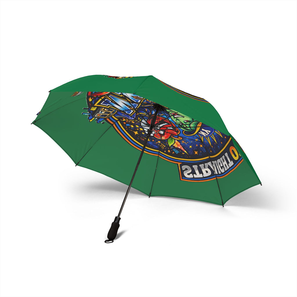 Green NYC Night Out foldable umbrella with colorful design, semi-automatic rain umbrella from TimeWarp Drip, perfect for stylish rain protection.